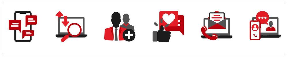 Six business icons in red and black as chat, search, add a friend vector