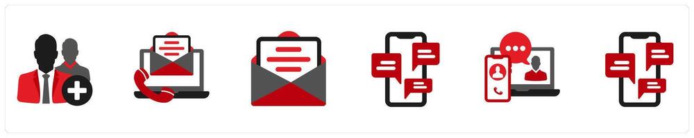 Six business icons in red and black as add a friend, contacts, message vector