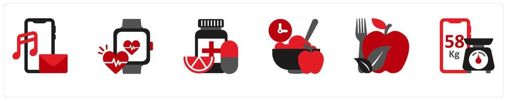 Six medical icons in red and black as training app, pulsometer, vitamins vector