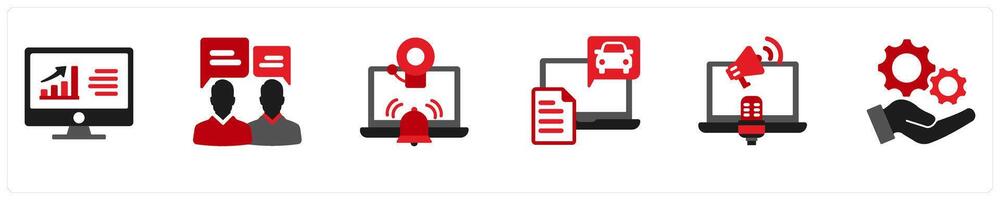 Six business icons in red and black as dash board, communication, alarm installement vector