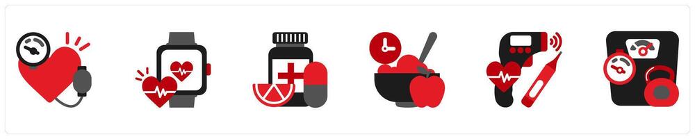 Six medical icons in red and black as blood pressure meter, pulsometer vector