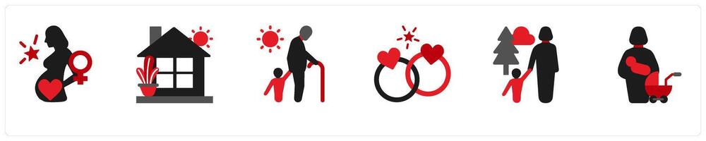 Six business icons in red and black as pregnancy, home, granspa and grandson vector