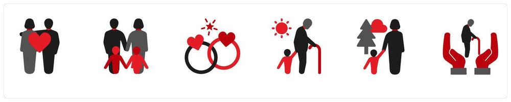 Six business icons in red and black as family, large family, marriage vector