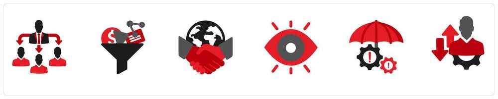 Six business icons in red and black as delegating task, content curation, international business vector
