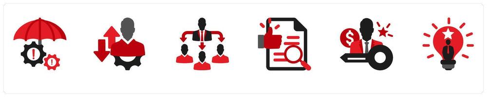 Six business icons in red and black as risk management, development direction, delegating task vector