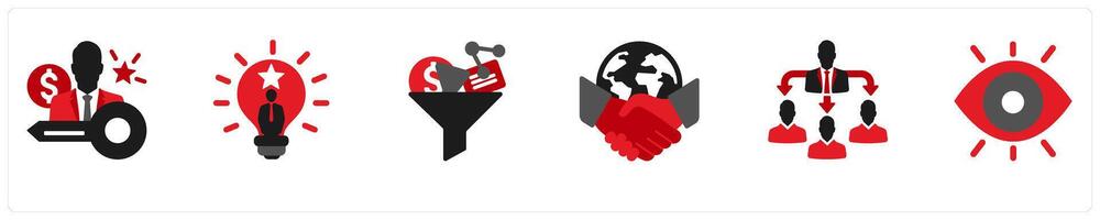 Six business icons in red and black as key person, talent management, content curation vector
