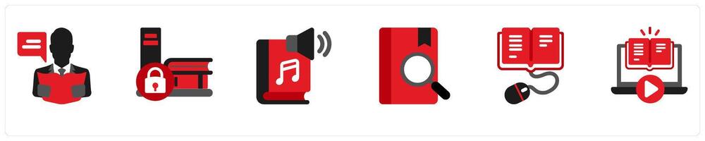 Six education icons in red and black as reader, personal shelf, audio books vector