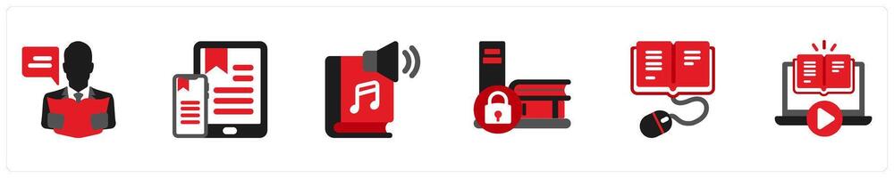 Six education icons in red and black as reader, e book reader, audio books vector