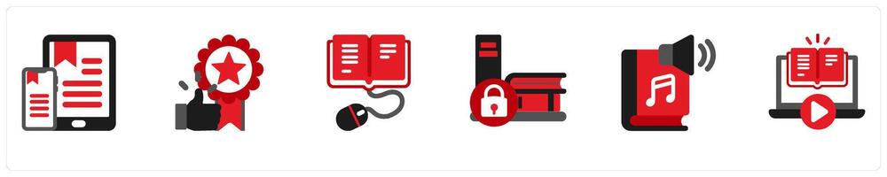 Six business icons in red and black as e book reader, best sellers, e books vector