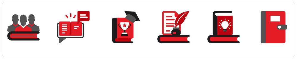 Six business icons in red and black as groups, reviews, motivation books vector