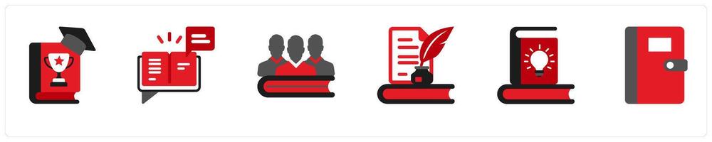 Six business icons in red and black as motivation books, reviews, groups vector