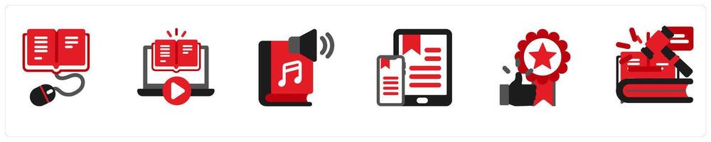 Six business icons in red and black as e books, reading online, audio books vector