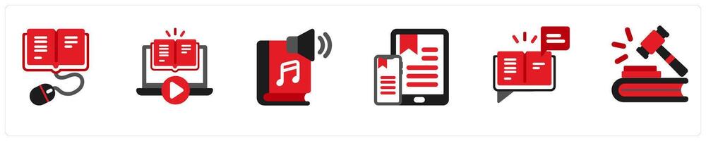 Six business icons in red and black as e books, reading online, audio books vector