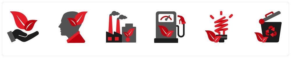 Six ecology icons in red and black as natural product, think green, green factory vector