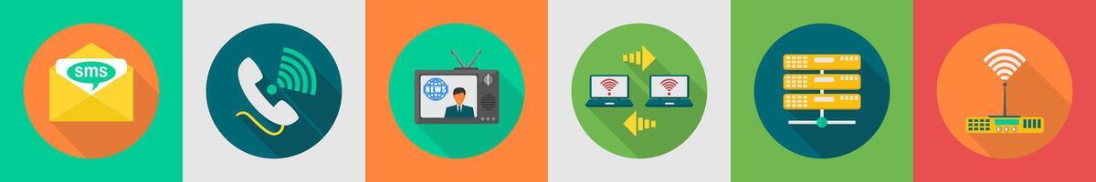 A set of 6 communication icons as message, calling, television, call vector