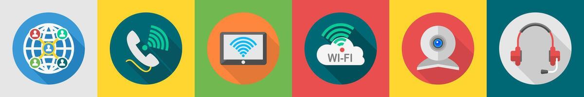 A set of 6 communication icons as global connection, calling, tablet wifi vector