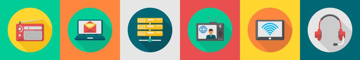 A set of 6 communication icons as radio, online email, database vector