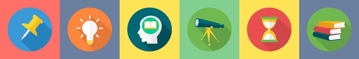 A set of 6 Education icons as push pin, e learning, telescope vector