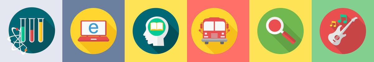 A set of 6 Education icons as test tubes, e learning, school bus vector