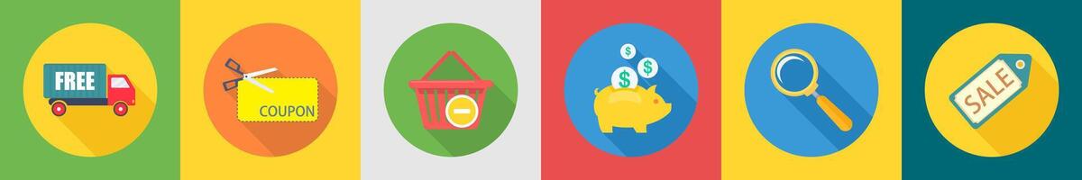A set of 6 shopping icons as free delivery, coupon code, remove from cart vector