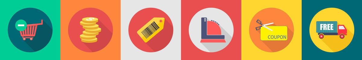 A set of 6 shopping icons as remove from cart, coins, bar code vector