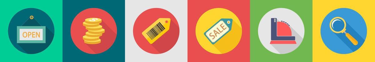 A set of 6 shopping icons as open board, coins, bar code, sale tag vector