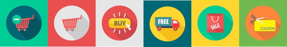 A set of 6 shopping icons as remove from cart, trolley, click buy vector