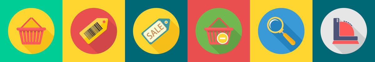 A set of 6 shopping icons as basket, bar code, sale tag, remove from cart vector