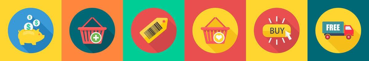 A set of 6 shopping icons as money savings, add to cart, bar code vector