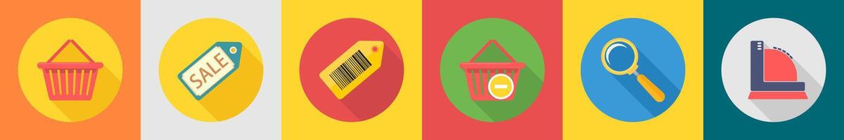 A set of 6 shopping icons as basket, sale tag, bar code vector