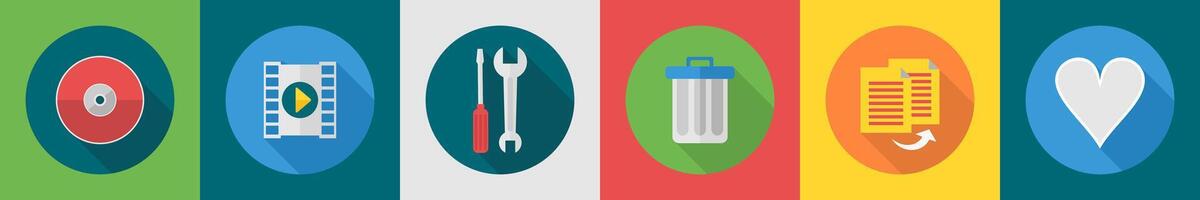 A set of 6 User interface icons as cd, clip, repair tools vector