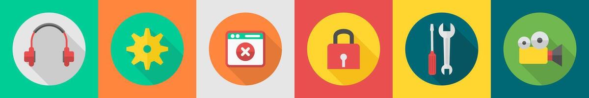 A set of 6 User interface icons as headphone, setting, wrong page vector