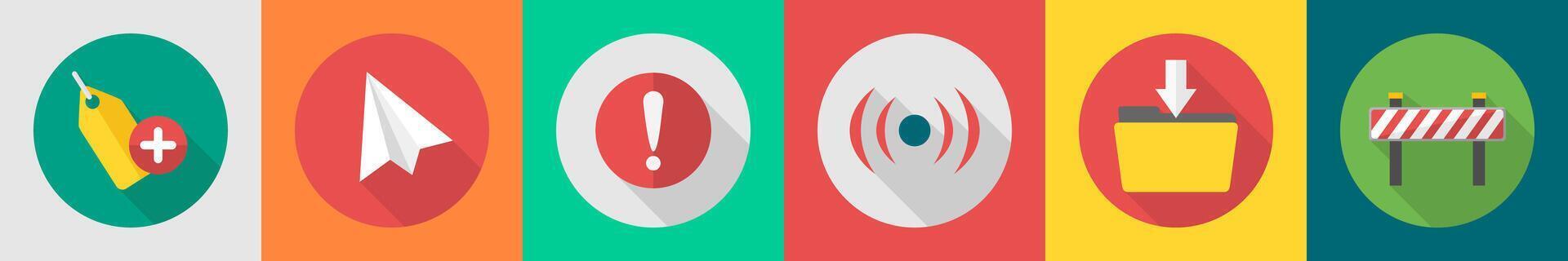 A set of 6 User interface icons as add tag, paper plane, exclamation vector