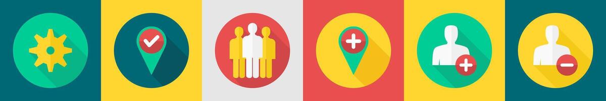 A set of 6 User interface icons as setting, right location, employees vector