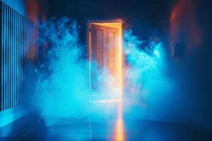 Open door emitting light possibilities growth achievements concept motivation learning skills knowledge heaven doors exit abstract simple background new ways entering leaving space photo