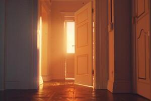 Open door emitting light possibilities growth achievements concept motivation learning skills knowledge heaven doors exit abstract simple background new ways entering leaving space photo