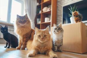 Happy family with cats moving to new apartment pet at home boxes package buy property relocation exploring house furniture help rent owner beautiful domestic cat donation charity having photo