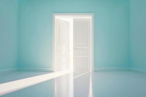 Open door emitting light possibilities growth achievements concept motivation learning skills knowledge heaven doors exit abstract simple background new ways entering leaving space photo