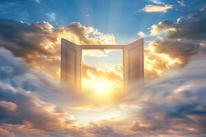 Open door emitting light possibilities growth achievements concept motivation learning skills knowledge heaven doors exit abstract simple background new ways entering leaving space photo