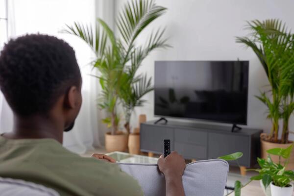 Person watching tv television series sofa retro spooky show documentary movie film couch sitting dark motion picture horror setting home cinema choosing channel remote control