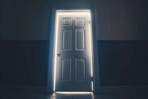 Open door emitting light possibilities growth achievements concept motivation learning skills knowledge heaven doors exit abstract simple background new ways entering leaving space photo