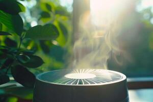 Compact air purifier indoor clean air technology humidifier appliance fresh chill temperature summer equipment no allergens filter health modern home cleaner dust absorb virus bacteria photo