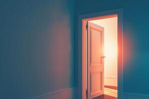 Open door emitting light possibilities growth achievements concept motivation learning skills knowledge heaven doors exit abstract simple background new ways entering leaving space photo