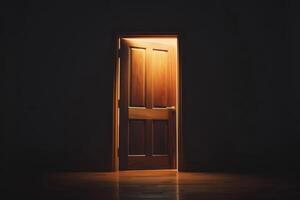 Open door emitting light possibilities growth achievements concept motivation learning skills knowledge heaven doors exit abstract simple background new ways entering leaving space photo