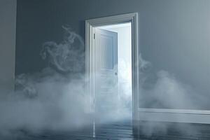 Open door emitting light possibilities growth achievements concept motivation learning skills knowledge heaven doors exit abstract simple background new ways entering leaving space photo