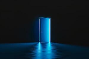 Open door emitting light possibilities growth achievements concept motivation learning skills knowledge heaven doors exit abstract simple background new ways entering leaving space photo