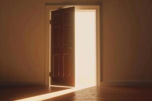 Open door emitting light possibilities growth achievements concept motivation learning skills knowledge heaven doors exit abstract simple background new ways entering leaving space photo