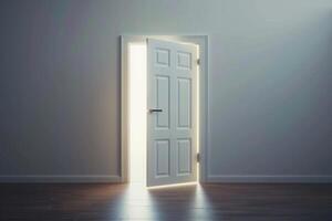 Open door emitting light possibilities growth achievements concept motivation learning skills knowledge heaven doors exit abstract simple background new ways entering leaving space photo