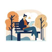 man reading newspaper on bench in park with plants vector