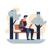 man reading newspaper on bench in park with plants vector